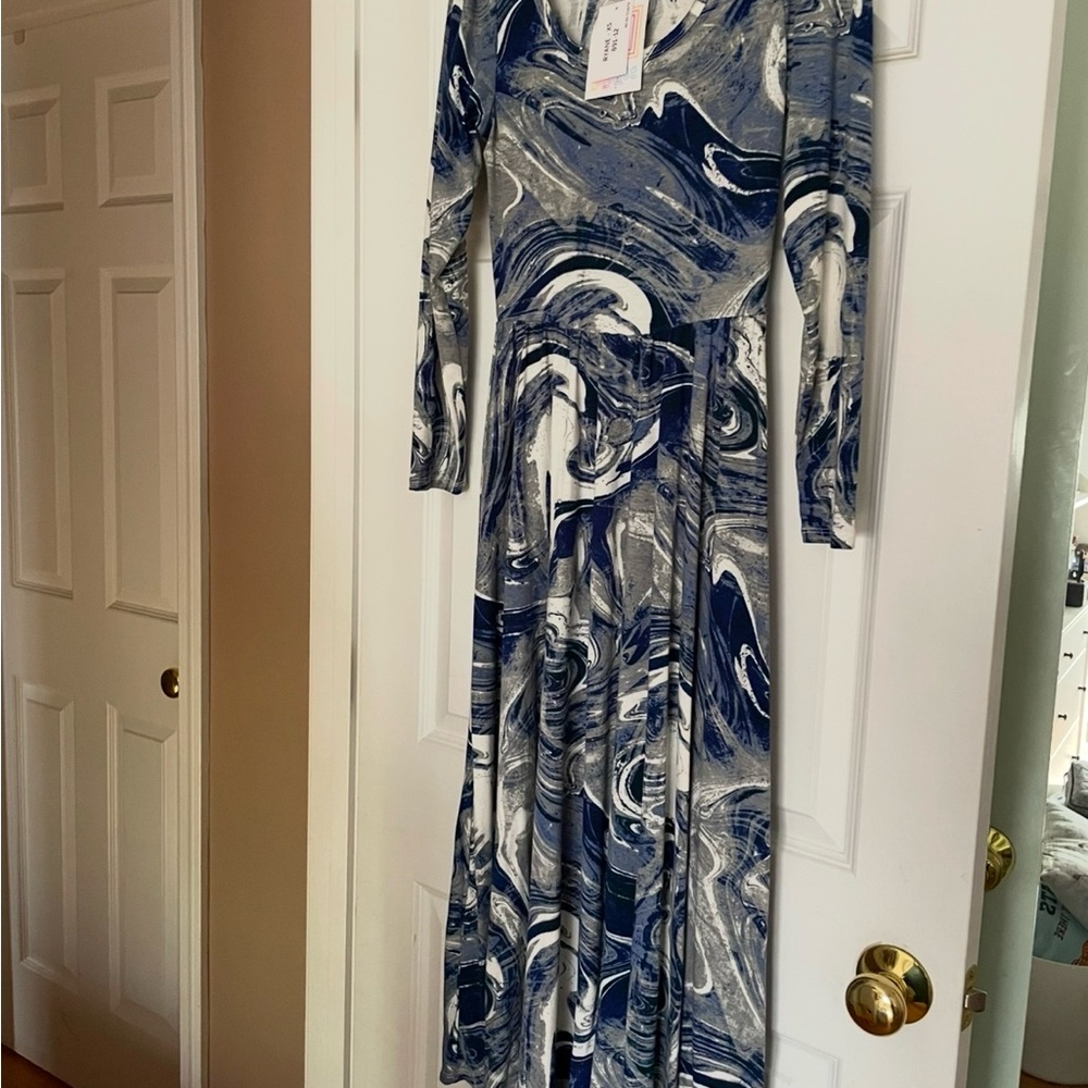 LuLaRoe Blue and White V-Neck Long Sleeve Gown